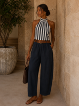 Pantalon Barrel Lin Bleu marine  ( C )