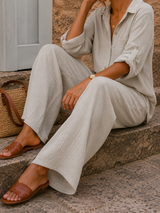 Pantalon Gaze de Coton Beige Sable (2 Longueurs de Jambes)