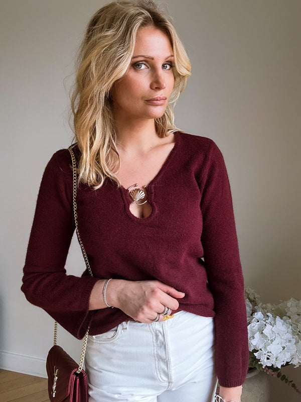 Robe-pull col perlé - bordeaux
