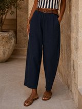 Pantalon Barrel Lin Bleu marine  ( C )